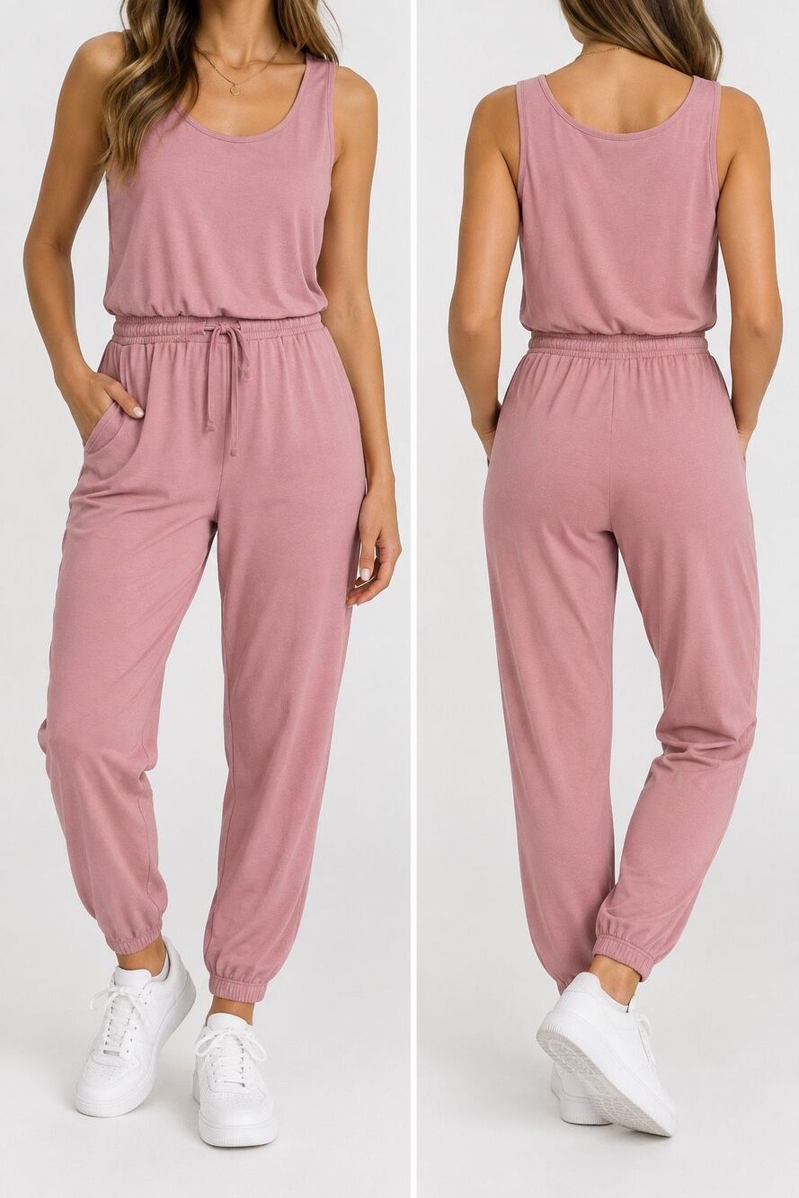 Daily Ritual Pink Sleeveless Jogger Jumpsuit Size L Drawstring Casual